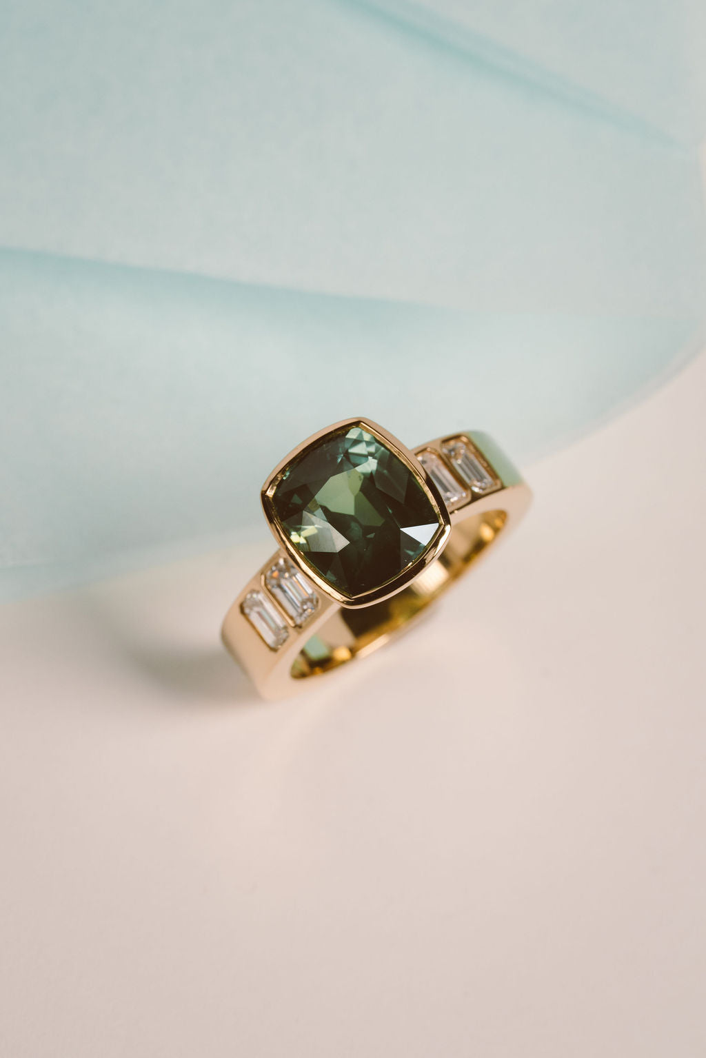 Mermaid Sapphire Cushion with emerald diamonds || OAK