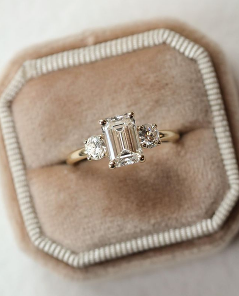 Emerald and Round 3-Stone Engagement Ring